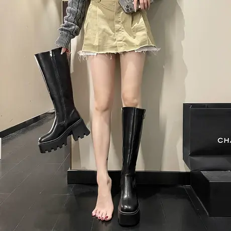 永希潮流长筒靴女夏季2023年新款法式复古厚底粗跟不过膝超火单靴图片