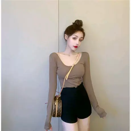 基础百搭性感露背长袖t恤女低胸大U圆领纯色显胸大内搭打底衫上衣图片