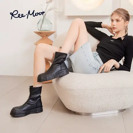 REEMOOR睿慕2023年秋冬新款气质厚底增高英伦风瘦瘦靴弹力短靴女商品大图