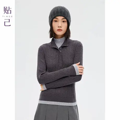 TINGE贴己撞色假两件绞花可机洗羊毛衫女25年秋冬新款针织衫上衣商品大图