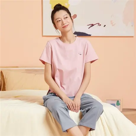 都市丽人女士圆领套头家居服套装睡衣女春秋夏季睡衣短袖七分裤图片