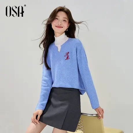 OSA欧莎蓝色针织衫长袖女2025秋季新款百搭V领慵懒氛围感毛衫上衣商品大图