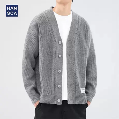 hansca 纯色V领保暖针织毛衣男2024秋冬新款慵懒风高级感宽松开衫商品大图
