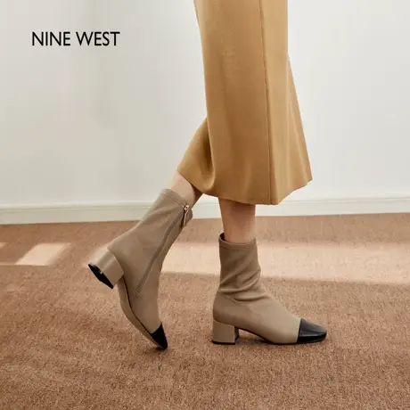 Nine West/玖熙小香风短靴女秋冬新款方头粗跟弹力瘦瘦靴单靴图片