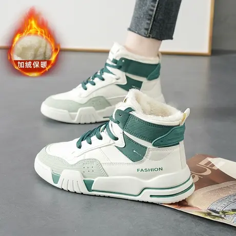 高帮学生棉鞋女抹茶绿运动鞋2023爆款冬季加绒板鞋潮酷小白鞋软底图片