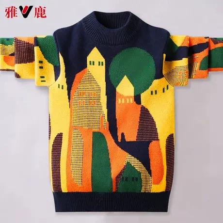 雅鹿童装男童2024新款毛衣宽松加绒圆领中大童秋冬加厚针织衫图片