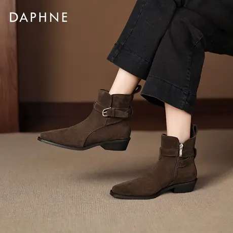 达芙妮棕色短靴女2026新款秋冬季尖头切尔西瘦瘦靴加绒女士马丁靴图片