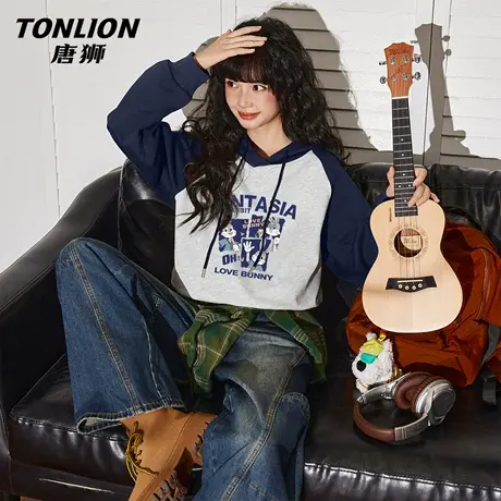 唐狮官方撞色卫衣女2026新款春季美式学院连帽外套帽衫短款上衣VC图片