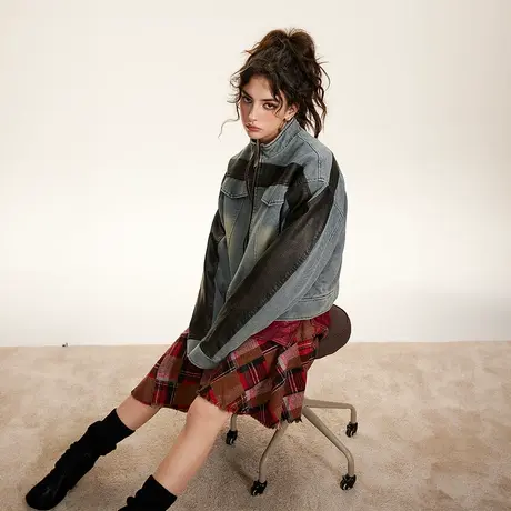 短款拼接加厚冬季牛仔外套2023新款潮牌复古棉服女宽松设计感棉衣商品大图