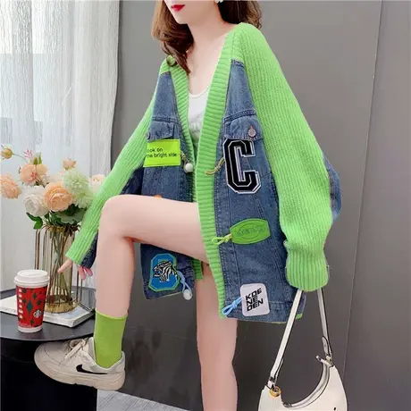 设计感牛仔拼接毛衣开衫女2022年新款秋季宽松慵懒风针织外套上衣商品大图