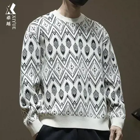 希越国风14针针织圆领男士毛衣2023秋冬季宽松大码日系慵懒感线衣图片