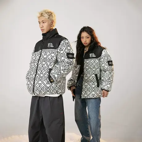 复古拼接花色棉服女冬季立领外套2023年新款加厚面包服情侣装棉衣图片