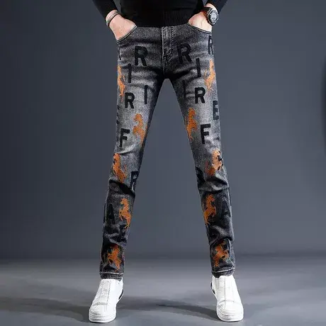高端刺绣牛仔裤男款2023新款修身小脚裤秋冬款潮流弹力男装裤子商品大图