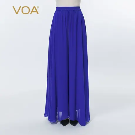 VOA真丝乔其墨兰色牛筋松紧自然腰双层飘逸百搭桑蚕丝阔腿长裤图片