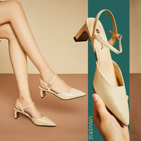 清仓尖头凉鞋女粗跟真皮高跟鞋牛皮百搭仙女风半包头女士凉鞋软皮图片