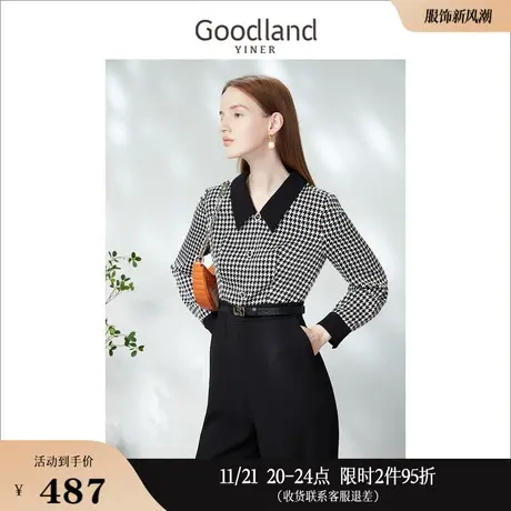 Goodland美地女装2023春季时尚休闲复古撞色千鸟格拼接连体裤商品大图