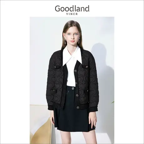 *Goodland美地女装冬季单排扣V领短款外套上衣商品大图