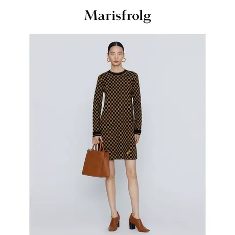 【商场同款】玛丝菲尔秋季新款复古棋盘格羊毛针织连衣裙商品大图