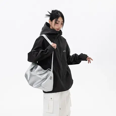 户外黑色连帽三防女爬山2023新款ins潮牌外套oversize夹克商品大图