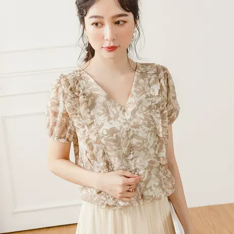 桔熊夏季韩版气质V领印花荷叶泡泡袖宽松胖妹妹上衣女大码AB17252商品大图