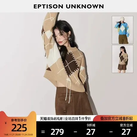 EPTISON毛衣女2024春季新款宽松短款复古软糯格纹慵懒风针织上衣图片