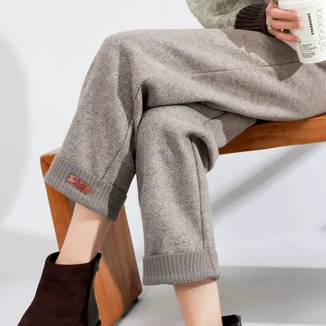 卡其色毛呢裤女九分阔腿裤春秋高腰加厚宽松休闲显瘦卷边直筒裤子图片