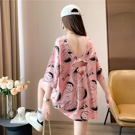 设计感小众短袖t恤女夏季韩版宽松大码女装中长款个性露背上衣服商品大图