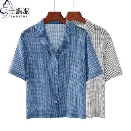 夏季新款宽松薄款格子衬衫立领开衫短袖上衣防晒衫休闲韩版女装商品大图