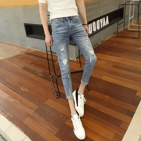 破洞牛仔裤男秋季新款2024韩版潮流显瘦小脚裤修身百搭潮牌九分裤图片