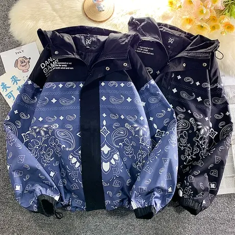 潮流腰果花满印夹克男春秋季外套港风连帽高街潮牌工装休闲上衣服商品大图