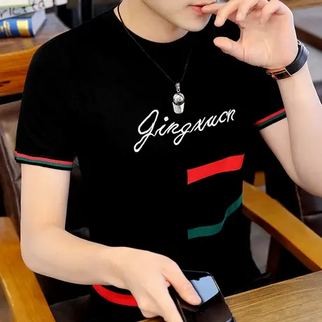 夏季新款个性冰丝短袖T恤男士韩版针织半袖学生刺绣冰麻体恤上衣商品大图