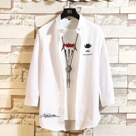 2023春夏季新款男士韩版七分袖衬衫潮流帅气港风外套ins白衬衣图片