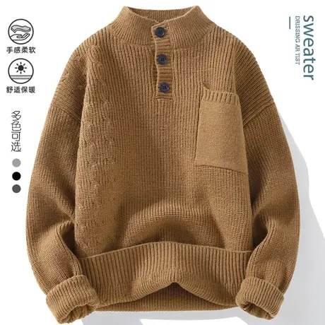 半高领毛衣男秋冬季美式加厚保暖毛线衣潮牌设计感口袋针织衫外套商品大图