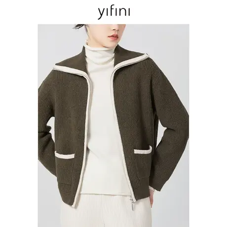 Yifini/易菲减龄翻领开衫宽松短款毛织外套女秋冬新款加厚针织衫商品大图