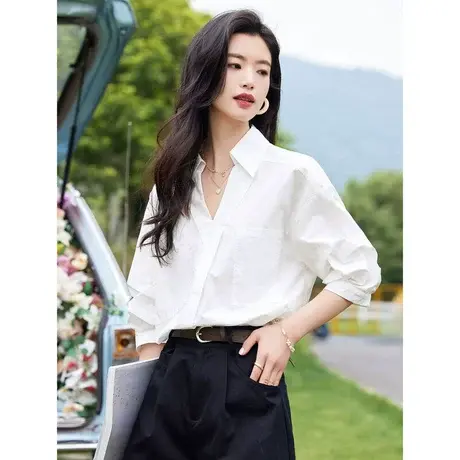时尚气质五分袖衬衫2023年夏季新款淑女温柔翻领宽松显瘦百搭上衣商品大图