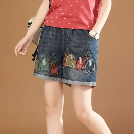 韩潮袭人松紧腰刺绣直筒牛仔短裤女2023夏新款休闲显瘦哈伦热裤薄商品大图