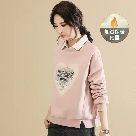 【11月21冬上新7.8折】美式复古圆领刺绣加卫衣绒女休闲百搭上衣图片