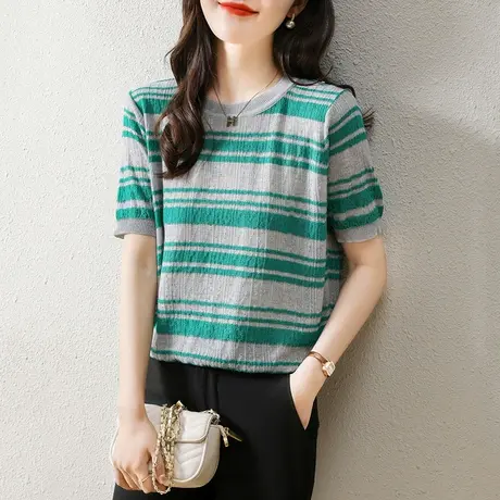 夏季新款女士t恤宽松短袖薄款针织衫韩版条纹简约打底百搭上衣商品大图