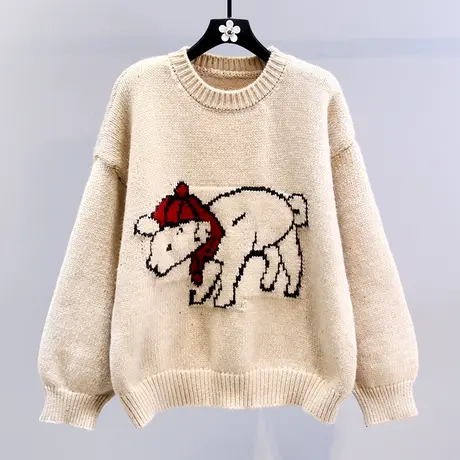 复古卡通小羊提花套头毛衣女冬季2023新款宽松慵懒风加厚针织上衣图片