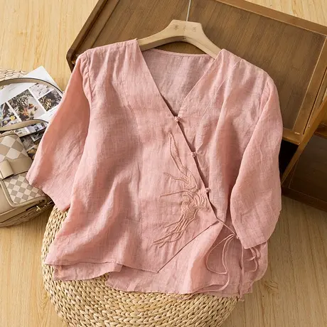 享永子五分袖苎麻上衣女斜襟文艺复古刺绣棉麻小衫薄2023夏季新款商品大图