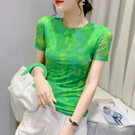 2024夏装新款网纱圆领短袖T恤女洋气设计感小众扎染印花上衣小衫商品大图