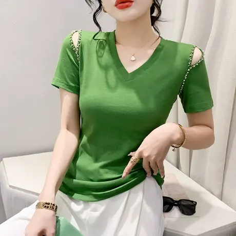 欧货性感V领T恤女短袖2024夏装新款时尚心机露肩小衫修身百搭上衣商品大图