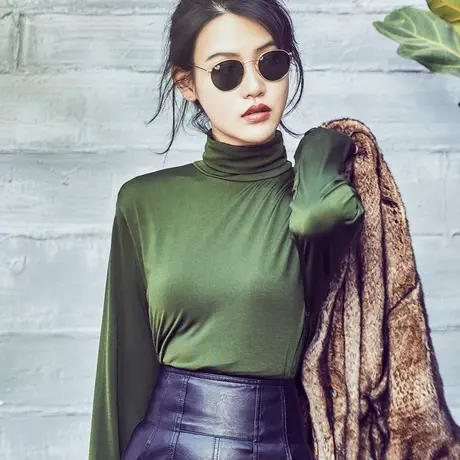 秋装女2023年新款高领长袖T恤纯色女士打底衫修身时尚气质上衣潮商品大图