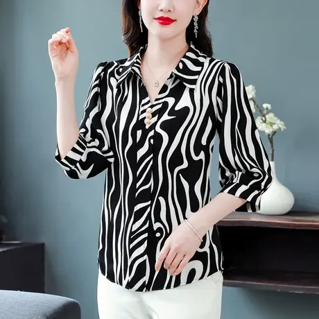 条纹衬衫女夏季2023新款七分袖雪纺衫宽松显瘦洋气时髦减龄女上衣商品大图