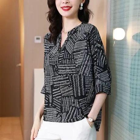 中袖印花雪纺衬衫女夏季2023年新款夏装洋气宽松显瘦遮肚子小衫女图片