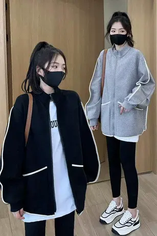 百搭新款慵懒风宽松bf棒球服外套女韩版卫衣开衫加绒加厚休闲上衣商品大图