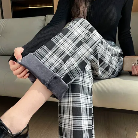 黑白格裤子女加绒冬季2023年新款高腰宽松窄版加厚休闲直筒阔腿裤图片