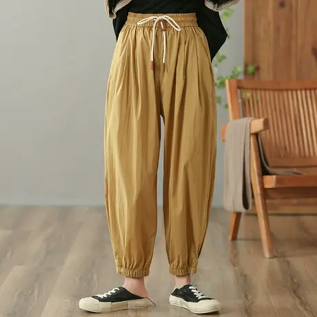 dza 高腰显瘦纯棉休闲裤女2023夏九分直筒裤束口裤宽松百搭哈伦裤图片