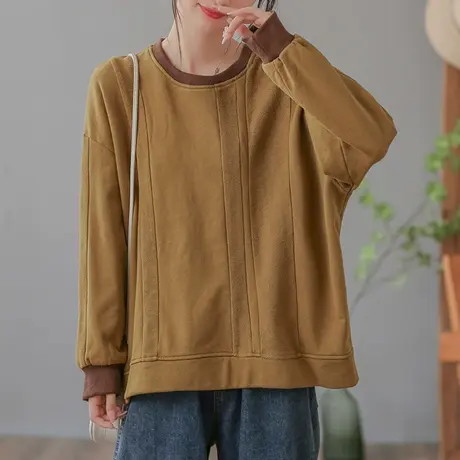 dza 复古宽松纯棉圆领套头卫衣女秋新款长袖上衣拼接短款休闲外套图片