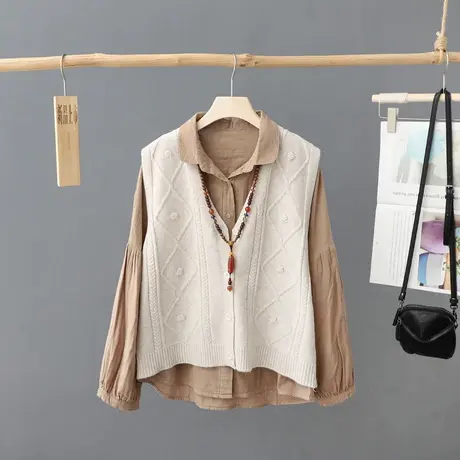 宽松V领提花针织毛衣马夹女坎肩 2024新款慵懒风无袖开衫马甲背心图片
